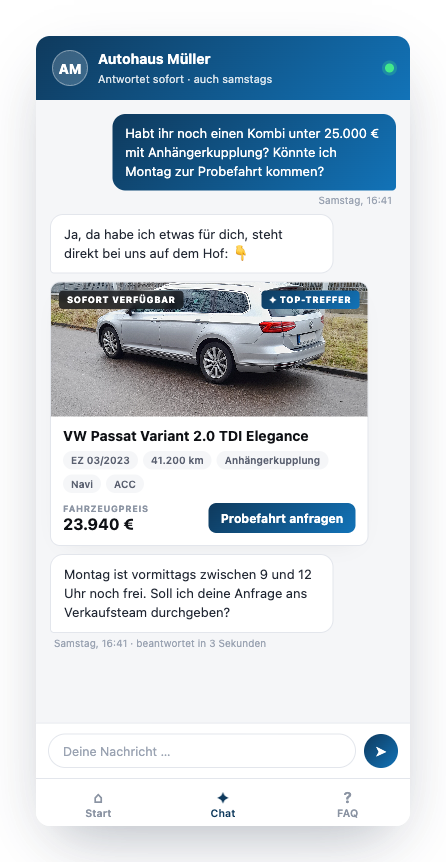 Chat-Widget eines Autohauses: Kundenanfrage am Samstagabend wird in 3 Sekunden mit Fahrzeugkarte und Probefahrt-Angebot beantwortet